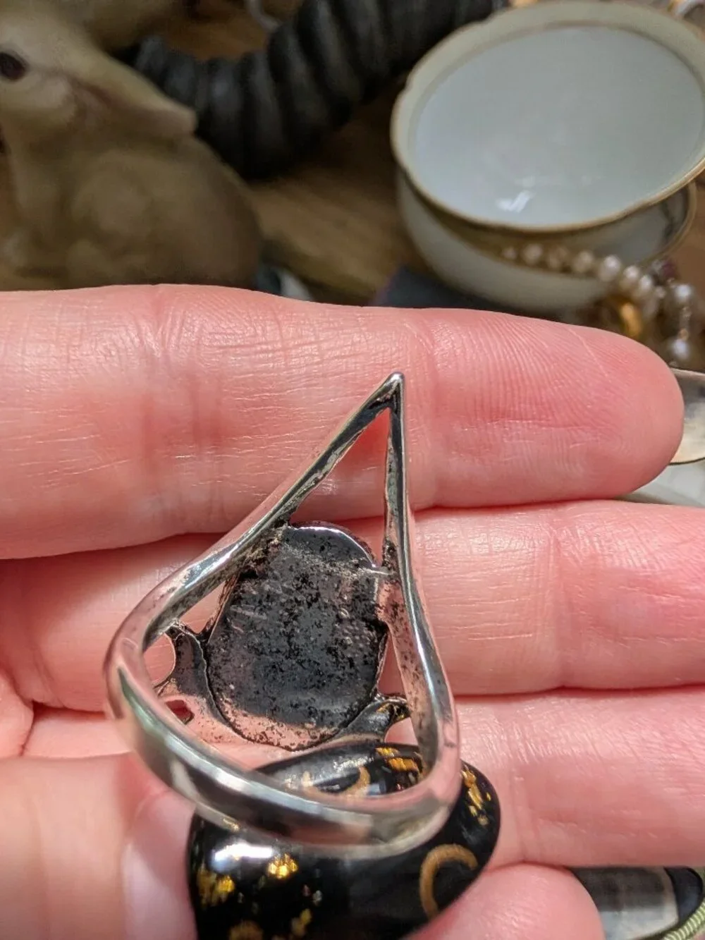 Retro Celestial Silver Tone Ring w/ Faux Onyx, Rhinestone & Moon Details, Size 7